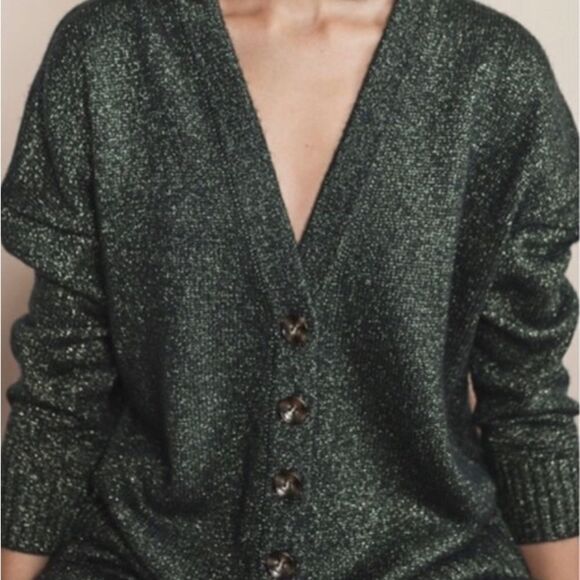 ZARA Green Metallic Knit Oversized Grandad V-Neck Button Cardigan Sz Small - Picture 2 of 12